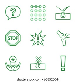 Problem icons set. set of 9 problem outline icons such as no hair in skin, shave hair in skin, broken leg or arm, stop, labyrinth, exclamation, exclamation point