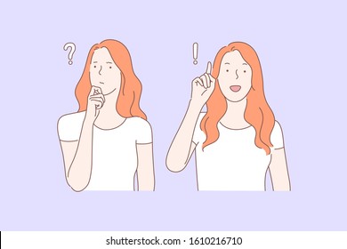 Problem, idea, brainstorm, success set concept. Young woman is looking for solution of problem. Student got idea to answer question. Success came suddenly through active brainstorm. Simple flat vector