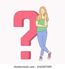 Problem, idea, brainstorm, success set concept. Young woman girl is looking for solution of problem. Flat illustration