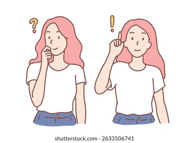 Problem, idea, brainstorm, success set concept. woman is looking for solution of problem. woman got idea to answer question. Hand drawn style vector design illustrations.