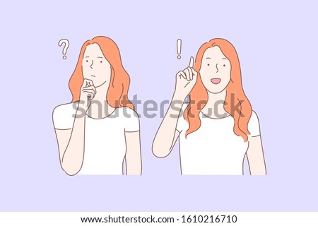 Problem, idea, brainstorm, success set concept. Young woman is looking for solution of problem. Student got idea to answer question. Success came suddenly through active brainstorm. Simple flat vector