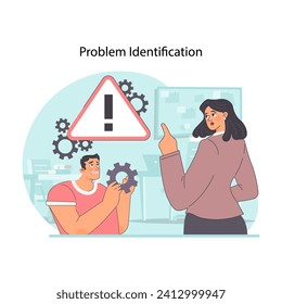 Problem identification concept. Woman and man recognizing appearing issue. Analyzing challenges and signaling issues in strategy sessions. Alert and awareness in teamwork. Flat vector illustration