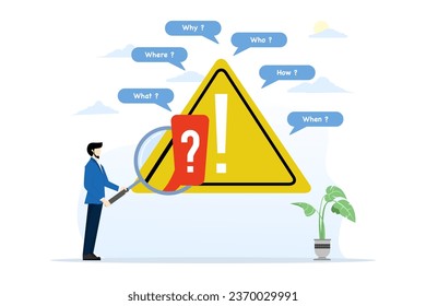 Problem identification, root cause analysis and problem solving, identifying risk or critical failure concept, businessman with magnifying glass and investigating incident with exclamation mark.