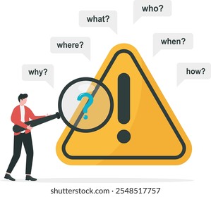 Problem identification, root cause analysis and solving problem, businessman with magnifier and investigate incident with exclamation mark

