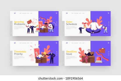 Problem Ignoring Landing Page Template Set. Frivolous Character Avoid Difficulties Prefer Ignoring Urgent Issues at Work and Life. Relaxed Man Meditate in Office. Cartoon People Vector Illustration