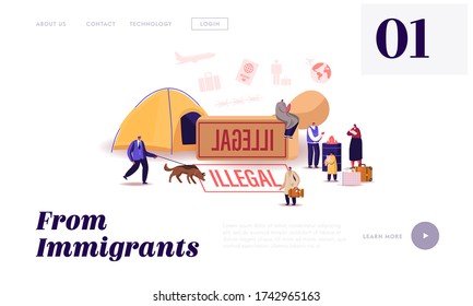 Problem of Illegal Immigration Landing Page Template. Adults and Children Characters Cross Border, Immigration Control Service Searching Refugees Living on Street. Cartoon People Vector Illustration