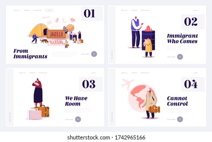 Problem of Illegal Immigration Landing Page Template Set. Adults and Kids Characters Cross Border, Immigration Control Service Searching Refugees Living on Street. Cartoon People Vector Illustration