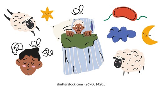 Problem der Schlaflosigkeit, obsessive Gedanken und psychische Probleme. Schlafprobleme Aufkleber in Cartoon groovy Stil. Handgezeichnete Vektorgrafik