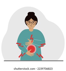 A problem with the intestines, stomach or a bolt in the abdomen. A woman holds his hands on his stomach near the place of pain. Vector flat illustration.