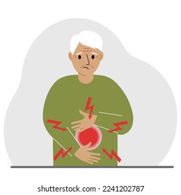 A problem with the intestines, stomach or a bolt in the abdomen. A man holds his hands on his stomach near the place of pain. Vector flat illustration.