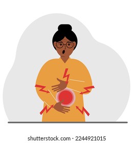 A problem with the intestines, stomach or a bolt in the abdomen. A woman holds his hands on his stomach near the place of pain. Vector flat illustration.