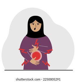 Un problema con los intestinos, el estómago o un tornillo en el abdomen. Una mujer sujeta sus manos en el estómago cerca del lugar del dolor. Ilustración plana vectorial.