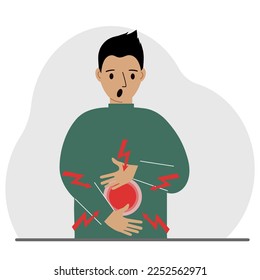 A problem with the intestines, stomach or a bolt in the abdomen. A man holds his hands on his stomach near the place of pain. Vector flat illustration.