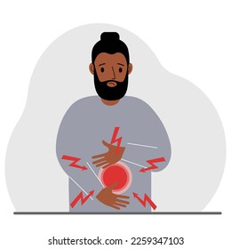 A problem with the intestines, stomach or a bolt in the abdomen. A man holds his hands on his stomach near the place of pain. Vector flat illustration.