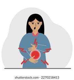 Un problema con los intestinos, el estómago o un tornillo en el abdomen. Una mujer sujeta sus manos en el estómago cerca del lugar del dolor. Ilustración plana vectorial.