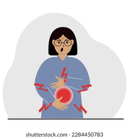 Ein Problem mit dem Darm, dem Magen oder einem Blitz im Bauch. Eine Frau hält sich die Hände auf den Bauch in der Nähe des Schmerzplatzes. Vektorflache Illustration.