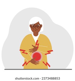 A problem with the intestines, stomach or a bolt in the abdomen. A woman holds his hands on his stomach near the place of pain.