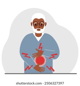 Ein Problem mit dem Darm, Magen oder einen Bauch in der Bauchdecke. Ein Mann hält seine Hände auf dem Bauch nahe dem Ort des Schmerzes. Flache Vektorgrafik.