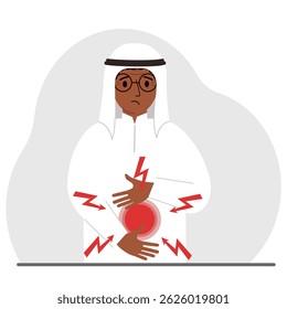 Un problema con los intestinos, el estómago o un perno en el abdomen. Un hombre sostiene sus manos sobre su estómago cerca del lugar del dolor. Ilustración plana de Vector.