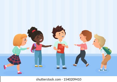 Problem of kids bullying at school. Multiracial boys and girls humiliate, offend, tease, gossip, force, threat, intimidate or aggressively dominate others vector illustration