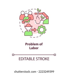 Problem of labor concept icon. Farming mechanization. Reduce workforce. Automation abstract idea thin line illustration. Isolated outline drawing. Editable stroke. Arial, Myriad Pro-Bold fonts used