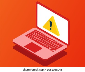 Problem with laptop. Virus attention. Broken computer. Vector illustration in isometric style.