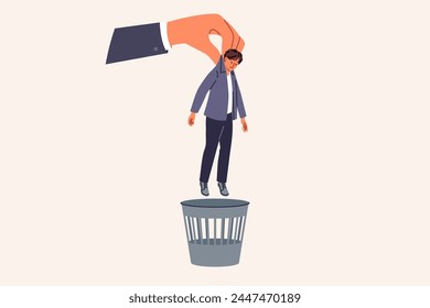 Problem of layoffs and crisis in labor market, due to managers throwing subordinates into trash to optimize profits. Guy became victim of wave of layoffs and risks becoming bankrupt or left homeless