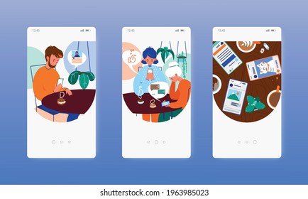 Problema de comunicación en vivo con amigos. adicción a los medios sociales. Pantallas de aplicaciones móviles, plantilla de banner del sitio vectorial.