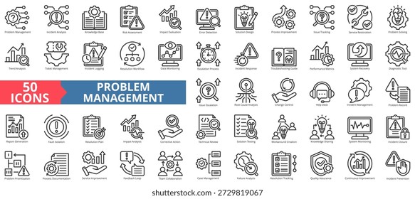 Problem-Management-Symbol Set Gliederungsstil Illustration. mit Vorfall-Schließung, Systemüberwachung, Korrekturmaßnahmen, technischer Überprüfung, Leitfaden zur Fehlerbehebung, Erstellung von Workaround-Lösungen, System-Recovery