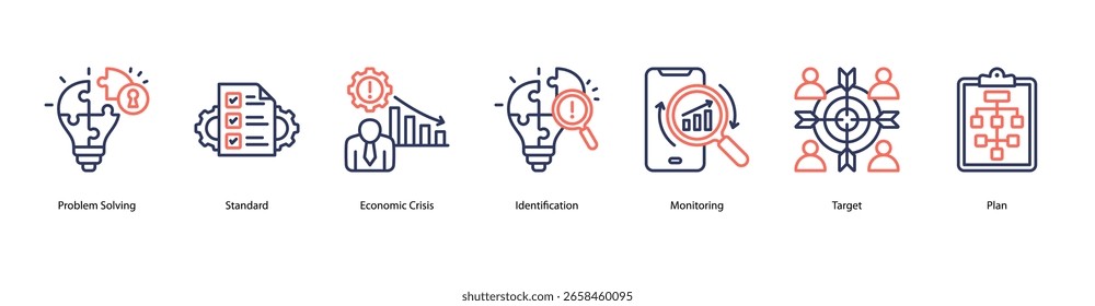 Problem Management web banner icon vector illustration showing Problem Solving, Standard, Economic Crisis, Identification, Monitoring, Target, and Plan.