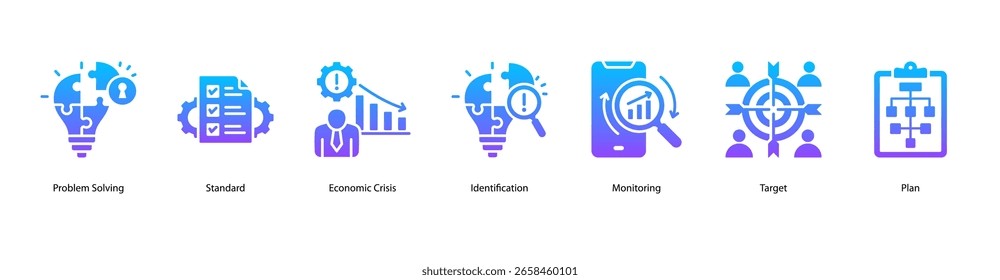 Problem Management web banner icon vector illustration showing Problem Solving, Standard, Economic Crisis, Identification, Monitoring, Target, and Plan.