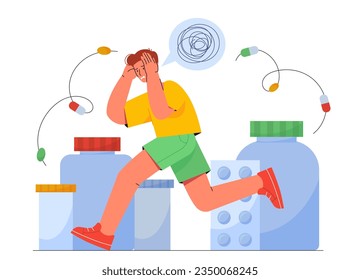Problem with mental health concept. Young guy suffer from pain. Character holding head at background of pills and drugs. Frustration and depression. Cartoon flat vector illustration