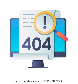 Problem notification flat color icon. Page Not Found Error 404. Design UI/UX and GUI Screen. Template for mobile app, user interface display. Concept web page, banner, presentation, social media.