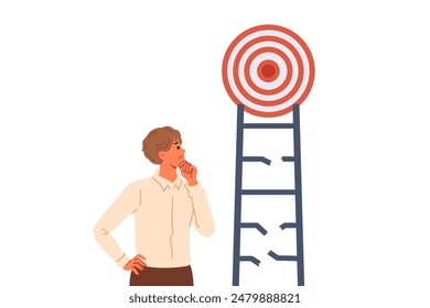 Problem on way to achieving goal for business man, thoughtfully examining broken ladder with target. Manager learns about difficulty on path to goal and scratches chin while thinking about plan