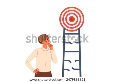 Problem on way to achieving goal for business man, thoughtfully examining broken ladder with target. Manager learns about difficulty on path to goal and scratches chin while thinking about plan
