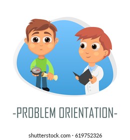 Problem orientation medical concept. Vector illustration. Doctor and patient are talking in the hospital. Isolated on white background.