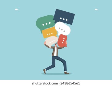 Сonnection problem or overload, too many messages, communication skills and business communication, discussion concept, information transfer, many speech bubbles putting pressure on the man.