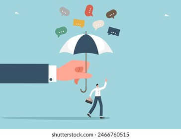 СProblema de conexión o sobrecarga, demasiados mensajes, habilidades de comunicación, comunicación empresarial, concepto de discusión, transferencia de información, mano con paraguas protege al hombre de la caída de burbujas de habla.