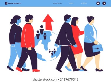 The problem of overpopulation - colorful flat design style illustration with linear elements. Composition with crowd of moving people, globe, earth, humanity and increasing demographics idea