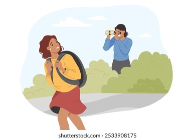 Problema de superproteção causa depressão em menina com mochila escolar, vendo mãe com binóculos. Mulher espia estudante de arbustos, devido a superproteção e distúrbio psicológico