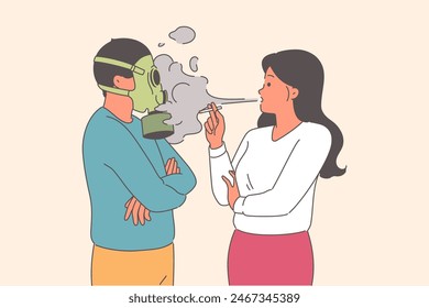 Problem of passive smoking causes discomfort for man using gas mask, standing next to woman with cigarette. Passive smoking when communicating with people with tobacco or nicotine addiction 