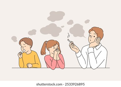 Problem of passive smoking for children is due to bad father who uses cigarettes with tobacco. Little boy and girl have become victims of passive smoking and are at risk of developing lung cancer.