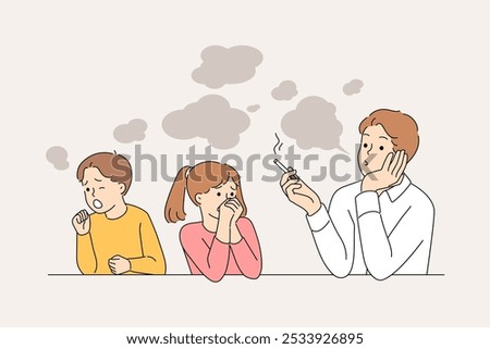 Problem of passive smoking for children is due to bad father who uses cigarettes with tobacco. Little boy and girl have become victims of passive smoking and are at risk of developing lung cancer.