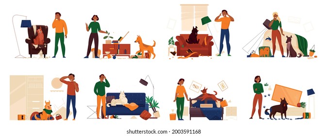 Problem pets and their owners flat set with angry people and naughty dogs in messy rooms isolated vector illustration