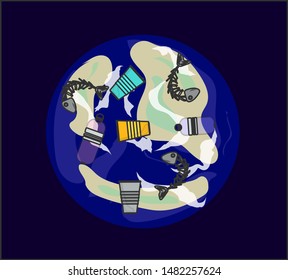 The problem of pollution of the planet. Logo "Stop Environmental Pollution". Vector image of planet Earth and debris around.The concept of ecology and the World Cleanup Day. Vector illustration.