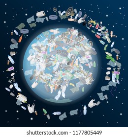 The problem of pollution of the planet. Space debris. The garbage, plastic, bags on the planet. The concept of ecology and the World Cleanup Day. Vector illustration