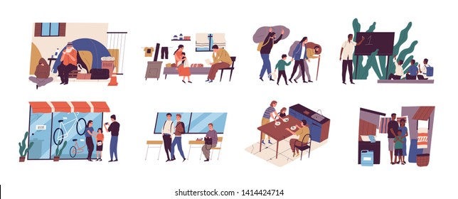 Problem of poverty and social inequality. Collection of scenes with homeless guy on street, family of refugees, children at ghetto school, poor people living in slum. Flat cartoon vector illustration.