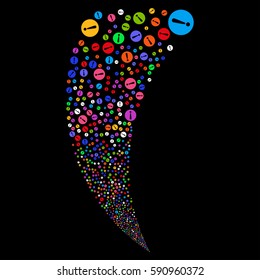 Problem random fireworks stream. Vector illustration style is flat bright multicolored iconic symbols on a black background. Object fountain created from scattered design elements.