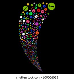 Problem random fireworks stream. Vector illustration style is flat bright multicolored iconic symbols on a black background. Object fountain organized from scattered icons.