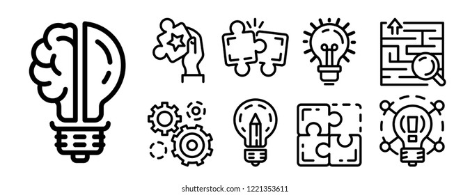 Problem resolution brainstorm line icon set. Illustration of problem resolution brainstorm line vector icons for web design isolated on white background